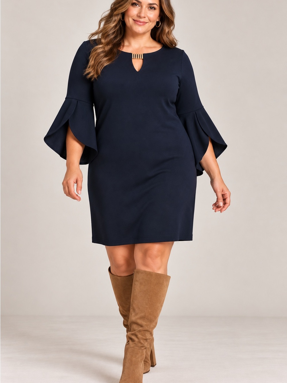ravel Navy Bell-Sleeve Sheath Dress with Gold Accent